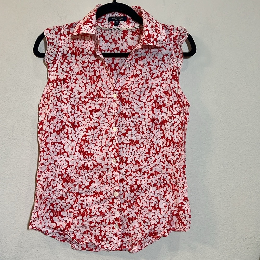 Burberry Button Front Red & White Floral Sleeveless Tank Top Medium